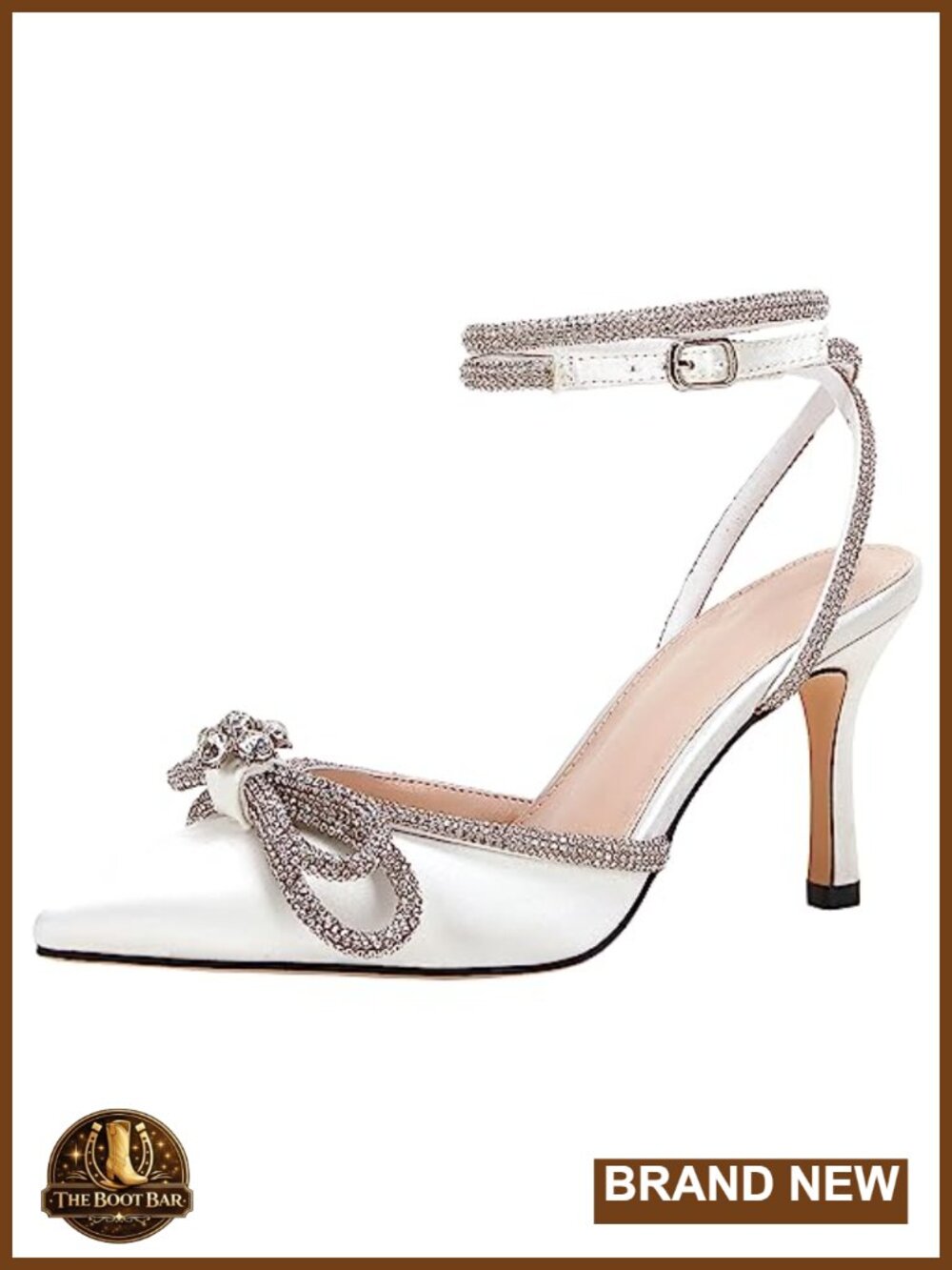Crystal Double Bow Ankle Strap Satin Stiletto Heels Wedding Bridal Party